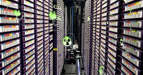 Autonomous robotic tape picker traversing narrow tape library aisle with augmented reality overlays