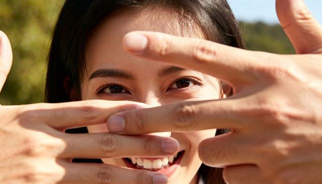 Playful closeup of smiling woman framed by hands outdoors natural portrait with bokeh