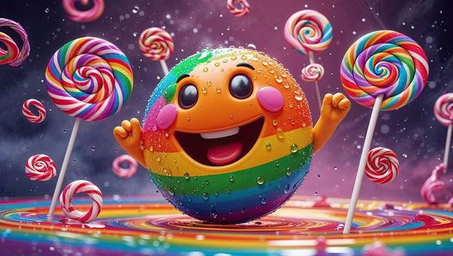 Joyful rainbow sphere among floating lollipops in fantasy world