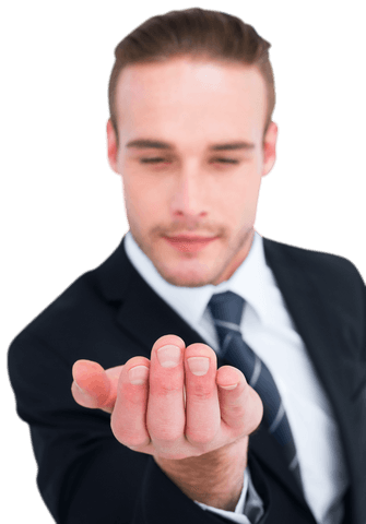 Transparent businessman reaching outward emphasizing gesture