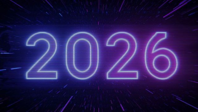 Neon 2026 futuristic retro wave glowing numerals with warp speed scanlines vaporwave