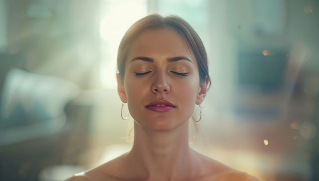 Calm Woman Meditating with Sunlit Ambiance in Lounge