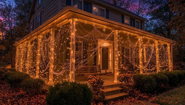 Charming porch decorated with illuminated spider web lights during twilight