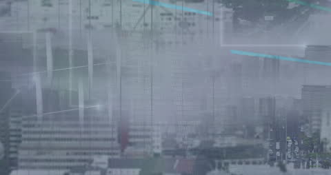 Futuristic Data Network Overlay on Urban Cityscape Background