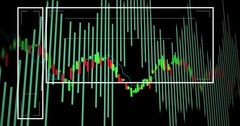 Candlestick trend with teal vertical bars on black background for market analysis