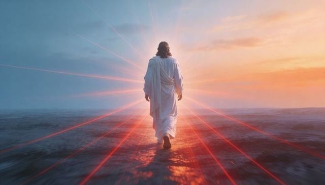 Walking toward light: robed figure moving across misty tidal flats toward sunrise