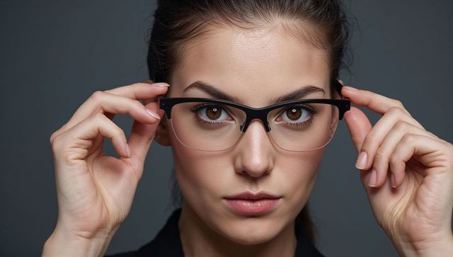 Confident young woman adjusting black eyeglasses in sharp studio closeup portrait
