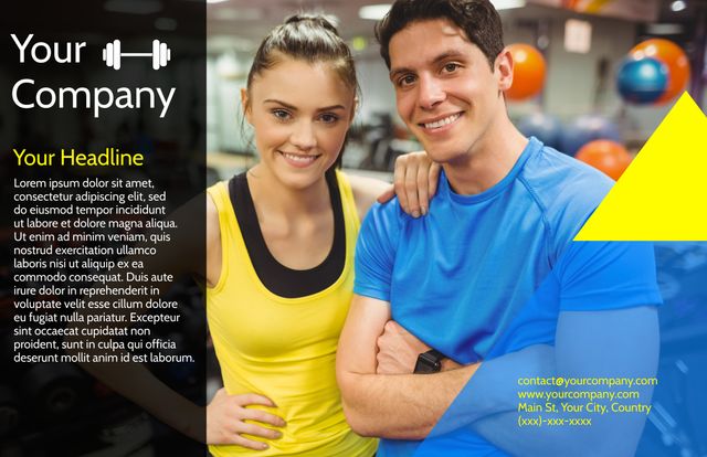 Fitness center promoting teamwork and healthy lifestyle with smiling man and woman in workout attire. Useful for marketing gym memberships, personal training sessions, and health and wellbeing programs.