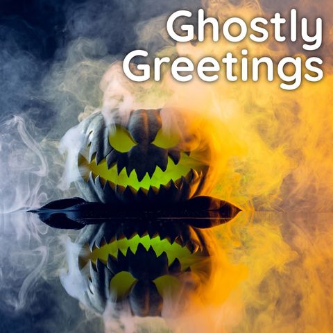 Spooky jack-o'-lantern with smoky background and greeting
