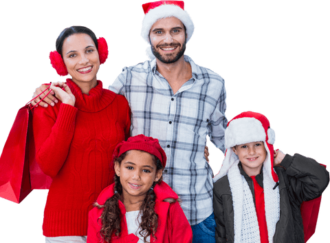 Joyful Family with Shopping Bags and Santa Hats on Transparent Background