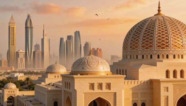 Golden sunrise over ornate mosque domes with carved arches and modern gulf city skyline