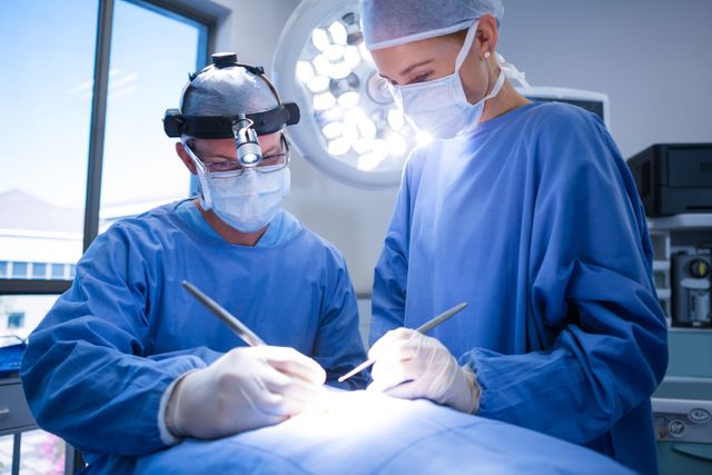 Surgeons performing a delicate procedure in a state-of-the-art operating room at a hospital. This visual can be used for healthcare promotions, medical training materials, hospital advertisements, and articles about surgical procedures and healthcare advancements.