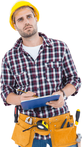 Thoughtful Repairman in Hard Hat Taking Notes Transparent Background - Download Free Stock Videos Pikwizard.com