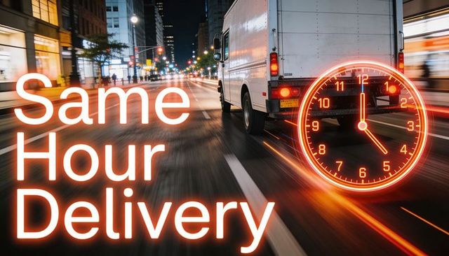 Nighttime express delivery van racing through city with neon clock for same hour service