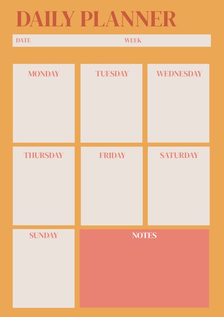 This minimalist daily planner features sections for each day of the week on a vibrant orange background. Ideal for personal or professional use, it serves as a practical tool for organizing tasks, appointments, and activities. With space for notes, it aids in effective time management and productivity. Useful for students, professionals, and anyone looking to plan their week efficiently.