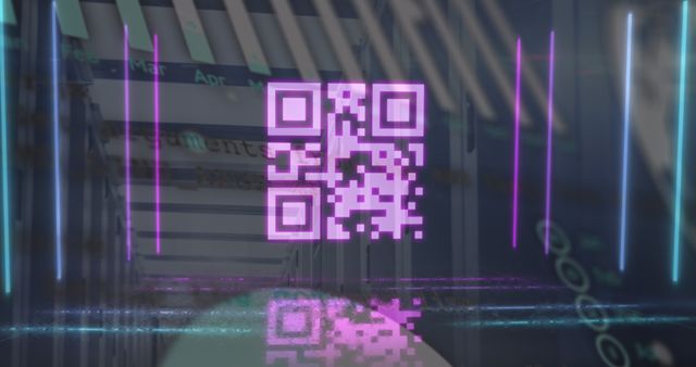 Neon QR Code in Futuristic Server Room with Data Overlay - Download Free Stock Images Pikwizard.com