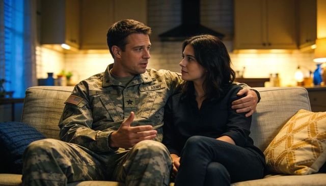 Soldier returning home talking with partner on sofa in warm cozy open-plan living room