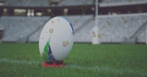 Rugby ball resting on kicking tee on wet pitch showing water droplets and stadium bokeh