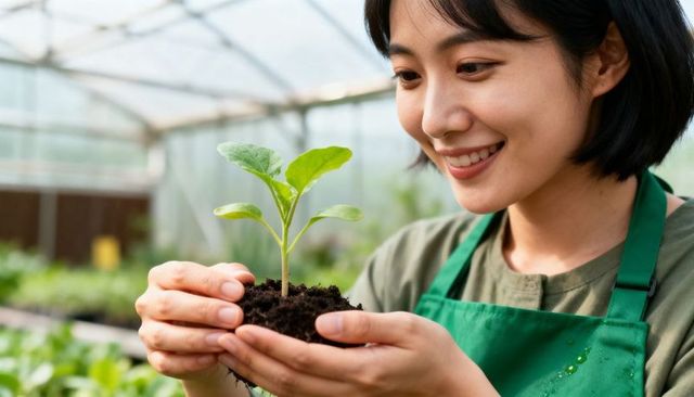 Asian woman gardener holding seedling and soil in greenhouse wearing apron, nursery care