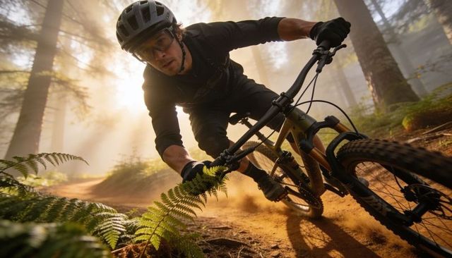 Carving mountain biker charging through sunlit forest singletrack, dust kicking