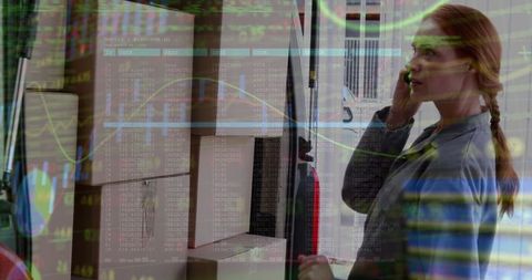 Caucasian female worker with digital global business interface