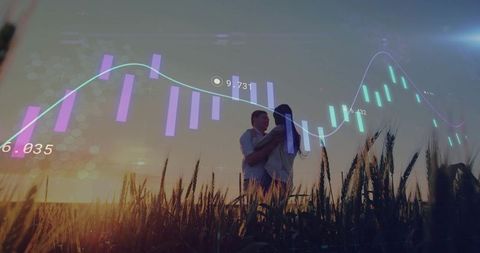 Couple in Wheat Field Overlaid with Data Charts and Sunset