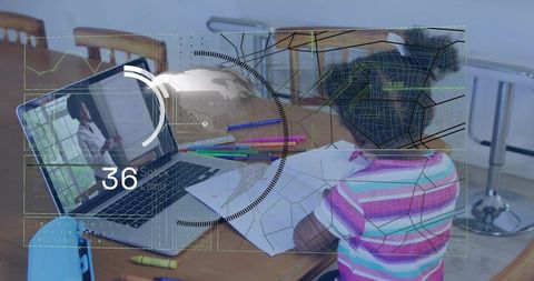 Child learning remotely at dining table with laptop, markers and AR learning interface