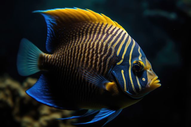 Vibrant image of a blue and yellow angelfish showcasing its colorful scales and unique stripes in an underwater ocean environment. Perfect for use in marine life education materials, aquarium brochures, or decorative wall art for a nautical themed room.