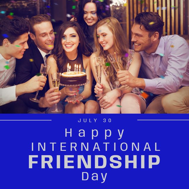 Group of friends celebrating International Friendship Day with a birthday party. Ideal for use in social media posts, holiday greeting cards, and event promotional material, showcasing the joy of friendship and celebrating special occasions together.