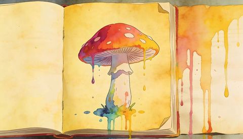 Watercolor mushroom melting into paint in vintage sketchbook whimsical studio illustration
