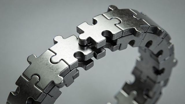 Curving interlocking puzzle-link bracelet in brushed steel, minimalist jewelry closeup
