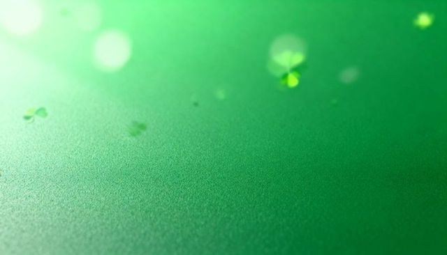 Green metallic textured surface showing clover confetti, glitter shimmer and bokeh macro
