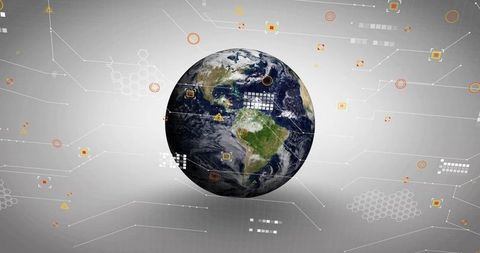 Floating Earth globe connecting digital network on futuristic data grid