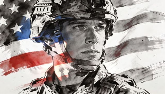 Brave combat soldier portrait with american flag watercolor and ink brushwork valor theme