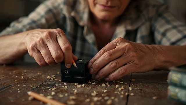 Senior hands sharpening pencil on rustic workbench with sharpener and wood shavings