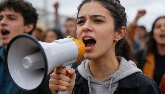 Young woman leading protest with megaphone, shouting at crowded street rally