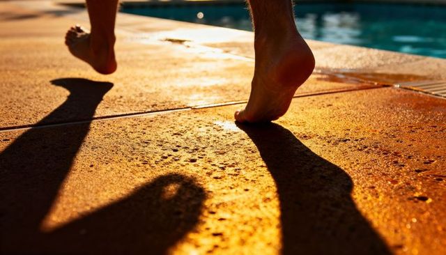 Bare feet stepping on wet sunlit pool deck at golden hour casting long textured shadows