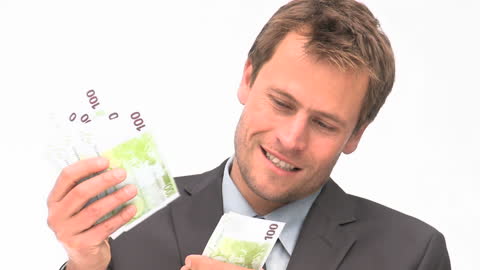 Businessman Counting Euro Banknotes with Satisfaction