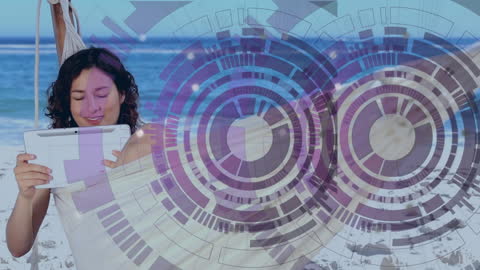 Woman Using Tablet with Digital Data Processing Overlay on Tropical Beach