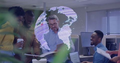 Diverse Team Collaborating in Modern Office with Digital Globe Overlay