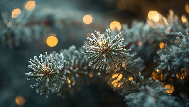 Frosted pine needles sparkling with icy crystals and warm golden bokeh
