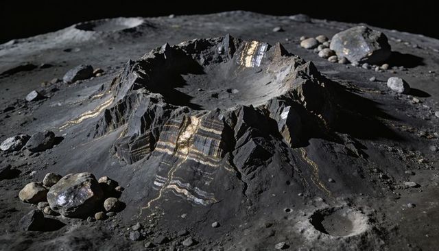 Lunar crater revealing metallic veins and terraced walls on barren moon surface