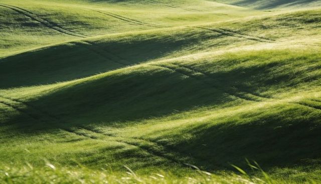 Sunlit rolling green hills with diagonal tire tracks and long angled shadows, grassy texture