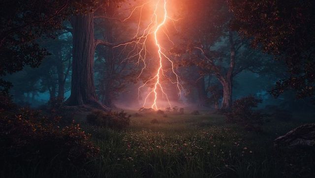 Dramatic lightning illuminating misty forest meadows at night
