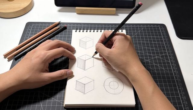Hands sketching isometric cubes on spiral notebook over cutting mat workspace with pencils