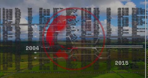 Red globe data visualization overlaying rural landscape with timeline 2004–2015 Budapest