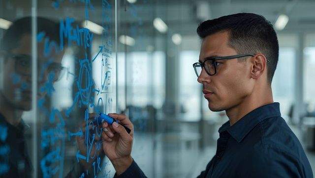 Focused professional sketching ai workflow on glass board in modern office