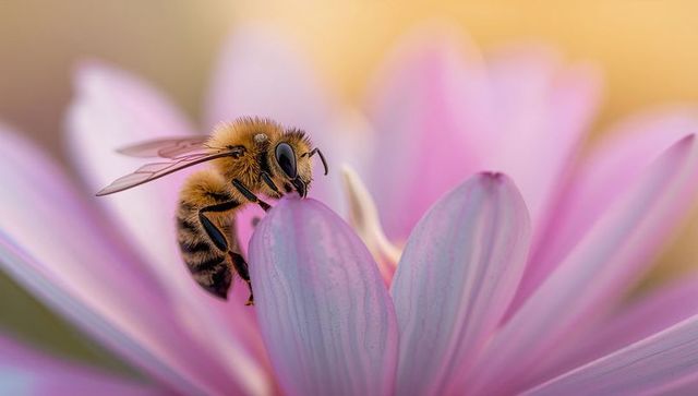 Honey Bee Collecting Nectar from Vibrant Daisy Blossom
