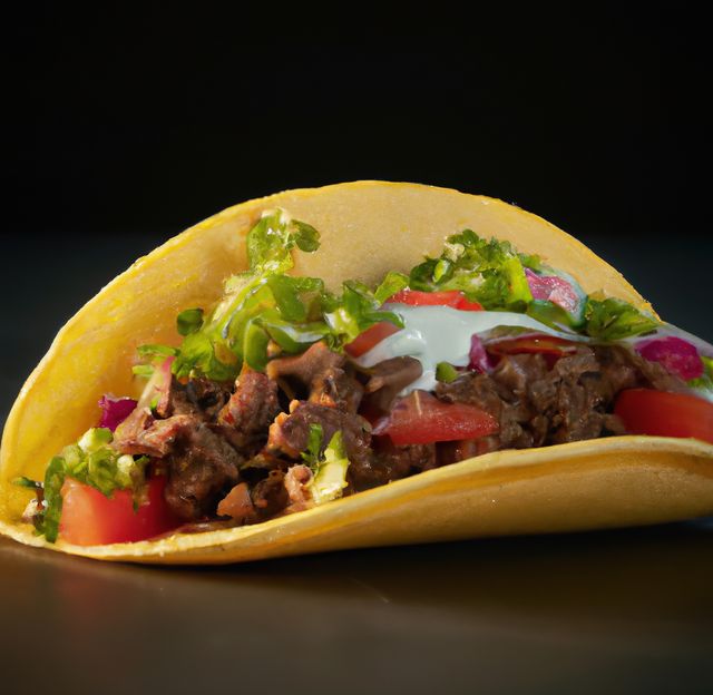 Close-up of a beef taco filled with fresh vegetables, cilantro, and a topping of sour cream, set against a dark background. Ideal for use in menus, food blogs, culinary websites, and marketing materials related to Mexican cuisine.