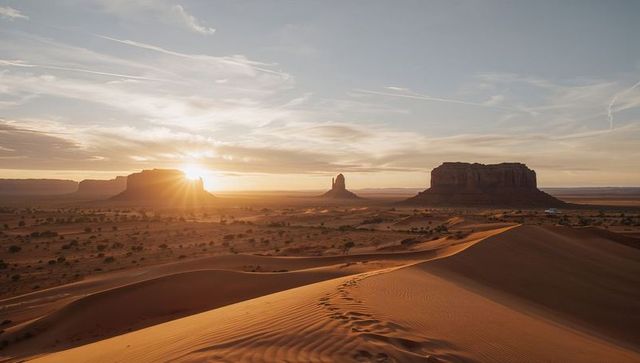 Golden sunrise over rippling sand dunes leading to monumental desert buttes during golden hour